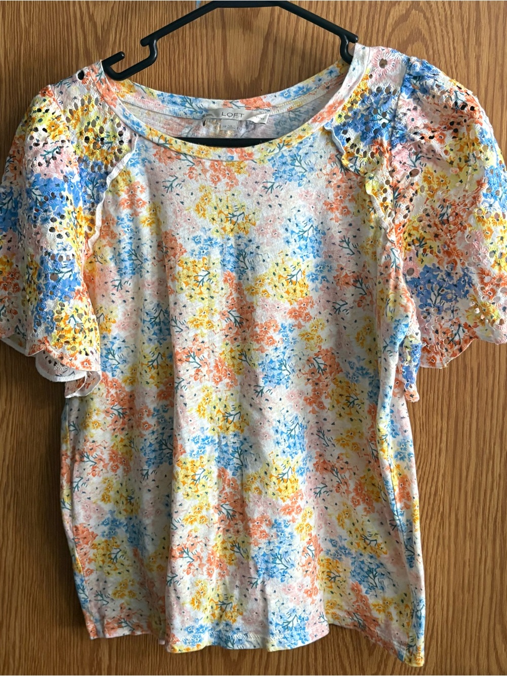 LOFT Pastel Floral Eyelet-Sleeve Short Sleeve Tee - Blue, Yellow, Peach
